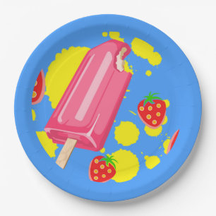 Assiettes En Carton Illustration Fun Pink Popsicle and Strawberries