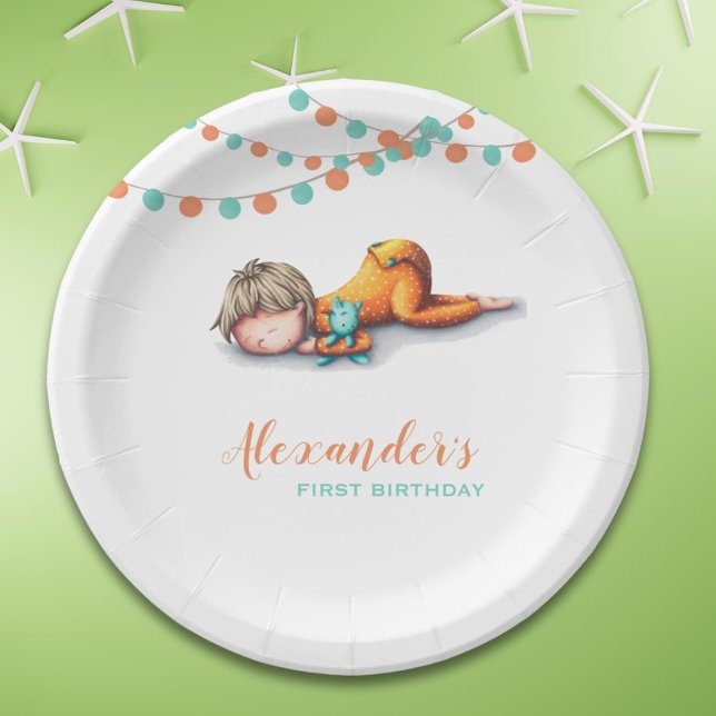 Assiettes En Carton Illustration Garland Sleeping Boy Premier Annivers (Créateur téléchargé)