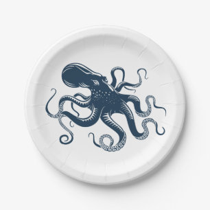 Assiettes En Carton Illustration nautique de la pieuvre bleue marine