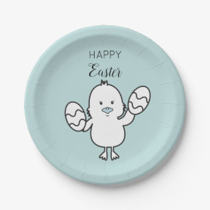 Assiettes En Carton Illustration Pastel Blue Cute Easter Chick & Oeufs