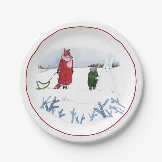 Assiettes En Carton Illustration Renard Et Lapin Vacances Neige Noël (Devant)