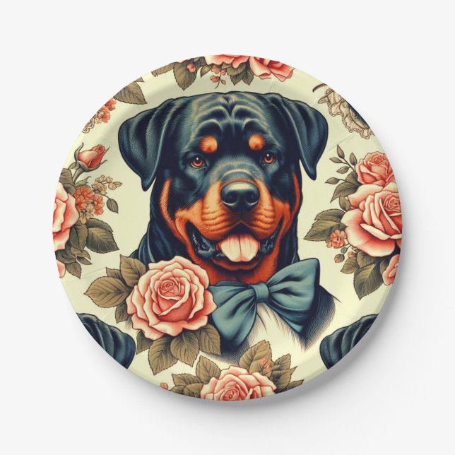 Assiettes En Carton Illustration Retro Rottweiler (Devant)