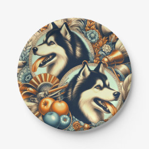 Assiettes En Carton Illustration Retro Siberian Husky