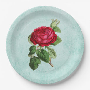 Assiettes En Carton Illustration romantique Elégante Rose Rouge Vintag
