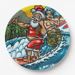 Assiettes En Carton Illustration surfante hawaïenne de Père Noël de