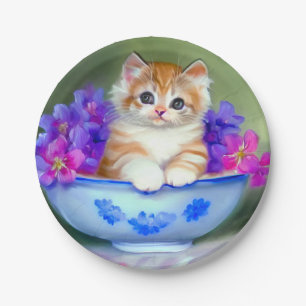 Assiettes En Carton Illustration vintage de chaton orange et blanc