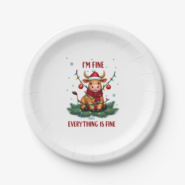 Assiettes En Carton I'm Fine Everything is Fine Christmas Highland Cow (Devant)