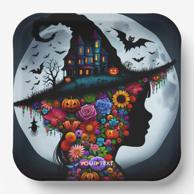 Assiettes En Carton Imaginaire mignonne sorcière fille Halloween (Recto)