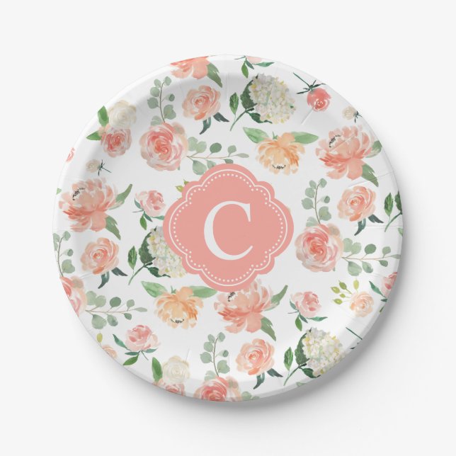 Assiettes En Carton Impression botanique florale avec votre monogramme (Devant)