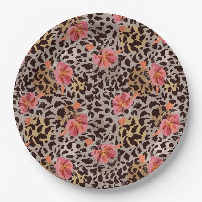 Assiettes En Carton Impression d'animaux léopard et fleurs roses (Devant)