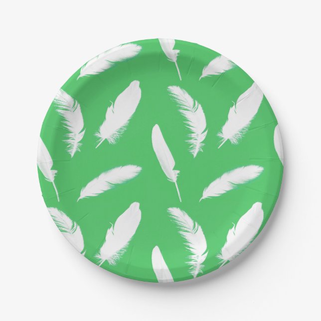 Assiettes En Carton Impression en plumes blanches sur vert jade (Devant)
