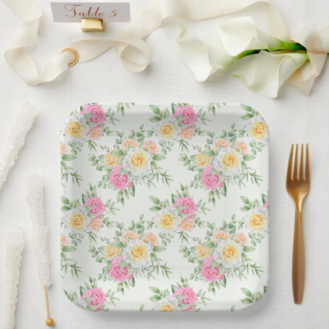 Assiettes En Carton Impression florale  (Mariage)