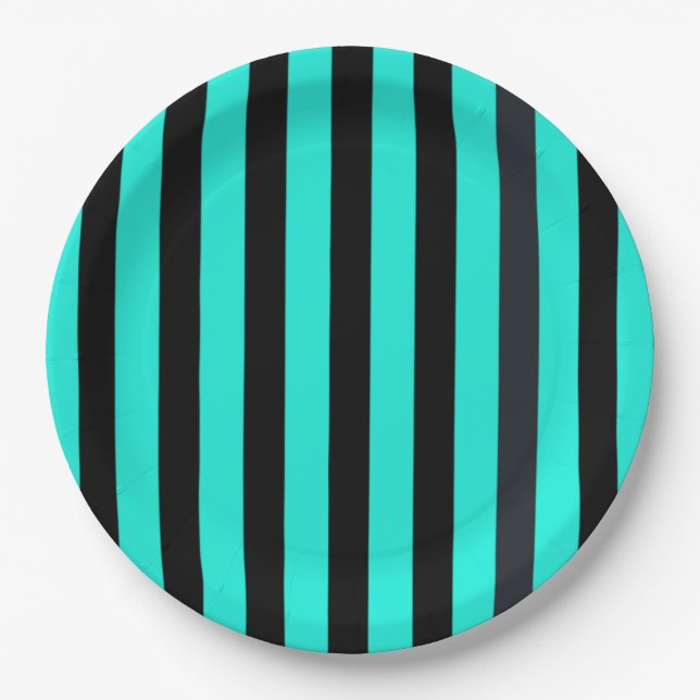 Assiettes En Carton Impression rayures turquoise et noire (Devant)