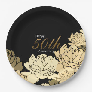 Assiettes En Carton Impression rose du 50e anniversaire or, tan et bei