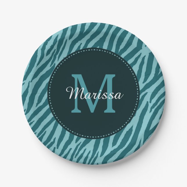 Assiettes En Carton Impression Zèbre Turquoise avec Monogramme et nom (Devant)