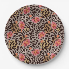 Assiettes En Carton Imprimé animal de léopard et fleurs roses