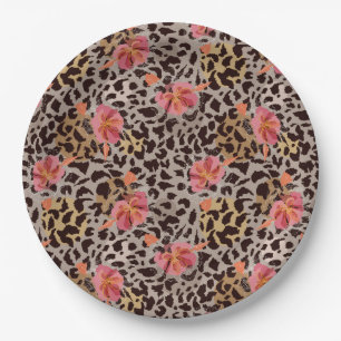 Assiettes En Carton Imprimé animal de léopard et fleurs roses