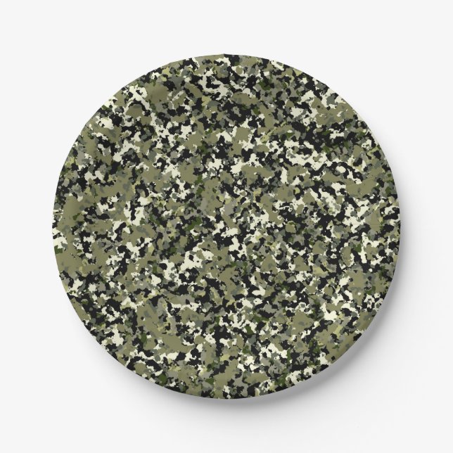 Assiettes En Carton Imprimé de motif camouflage vert noir crème (Devant)