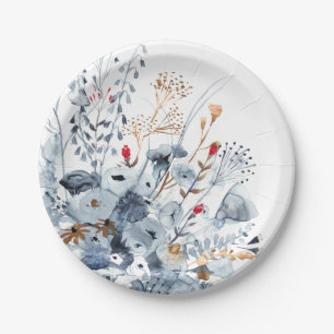 Assiettes En Carton Indigo et ocre - fleurs d'aquarelle