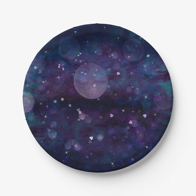Assiettes En Carton Indigo Violet Plutôt Éclairé Coeurs et étoiles (Devant)