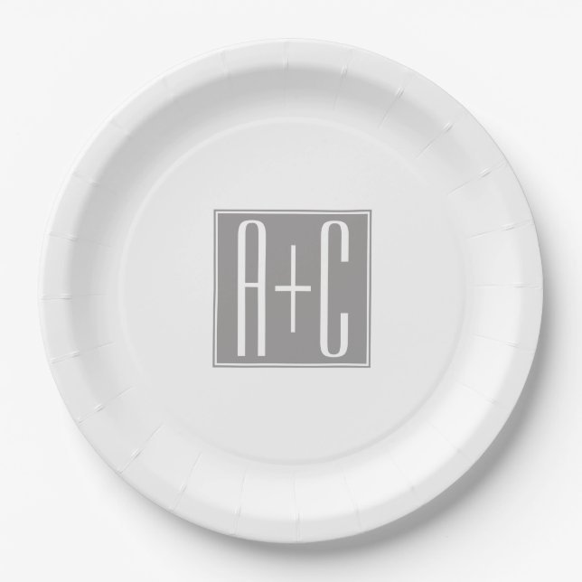 Assiettes En Carton Initiales de couples ou autre texte | Blanc & Gris (Devant)