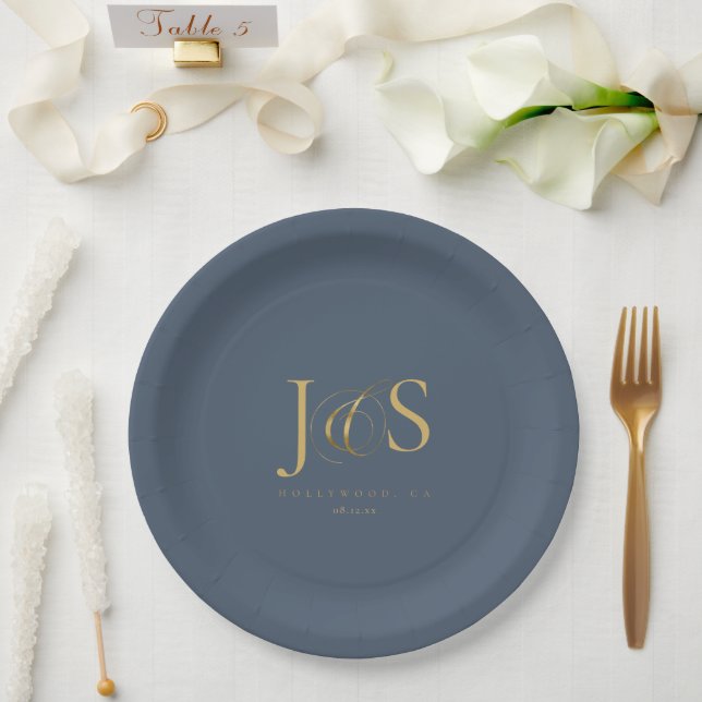 Assiettes En Carton Initiales de Mariage Elegance Simple ID1022 bleu (Mariage)
