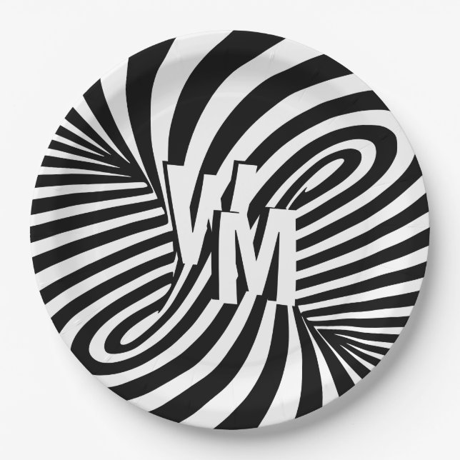 Assiettes En Carton Initiales de modèle Abstrait Zèbre noir rétro (Devant)