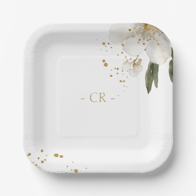Assiettes En Carton Initiales du Mariage d'aquarelle florale (Recto)
