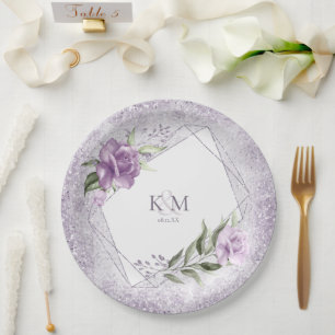 Assiettes En Carton Initiales du Mariage Floral Sparkles Mauve ID889