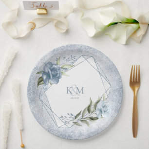 Assiettes En Carton Initiales Mariage Floral Sparkles Blue ID889