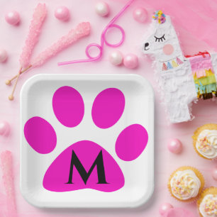 Assiettes En Carton Initiales Monogrammes Empreintes de pattes Rose Bl