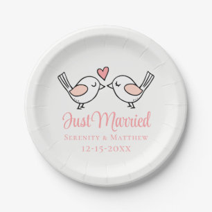 Assiettes En Carton Inséparables Lovebirds roses juste marié Mariage