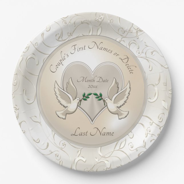 Assiettes En Carton Inséparables Mariage Thème Plaques de papier Noms, (Devant)