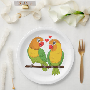 Assiettes En Carton Inséparables mignons Mariage Lovebirds jaune et ve