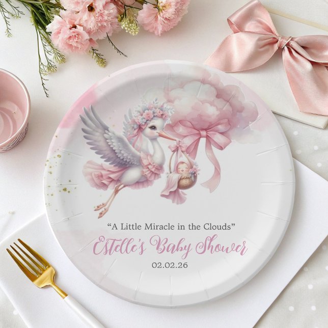 Assiettes En Carton It's a Girl Stork & Pink Cloud Baby Shower (Créateur téléchargé)