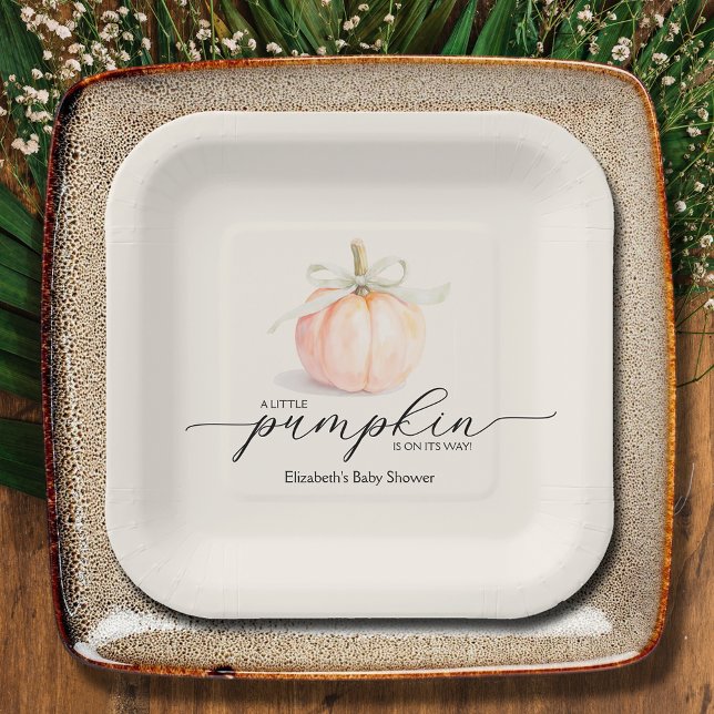 Assiettes En Carton Ivory Bow Petit Baby shower Citrouille (Ivory Bow Little Pumpkin Gender Neutral Baby Shower Square Paper Plates)
