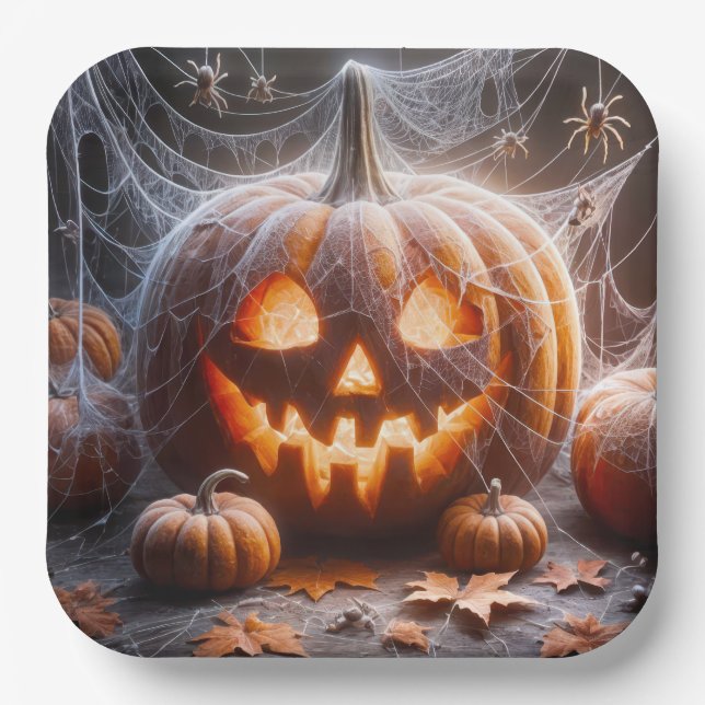 Assiettes En Carton Jack-o-lanterne couvert dans les araignées (Recto)
