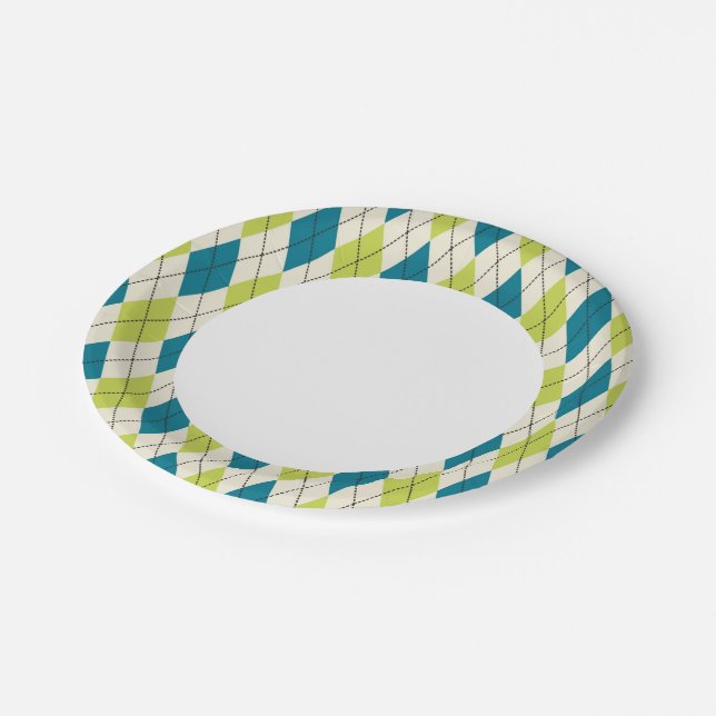 Assiettes En Carton Jacquard Bleu Et Vert (Angle)