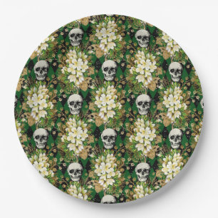Assiettes En Carton Jacquard Halloween Chic Floral Crâne Motif