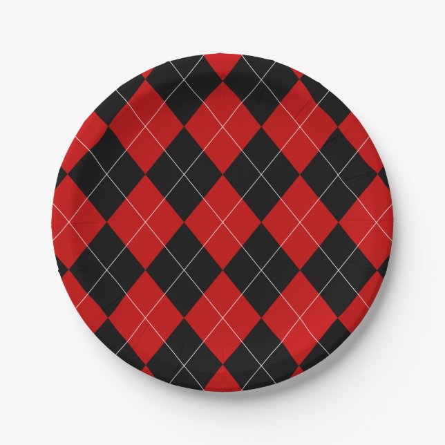 Assiettes En Carton Jacquard preppy Tartan Diamond Plaid Rouge Noir (Devant)