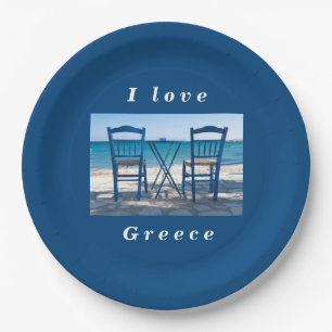 Assiettes En Carton J'aime Grèce taverna photo bleu et blanc