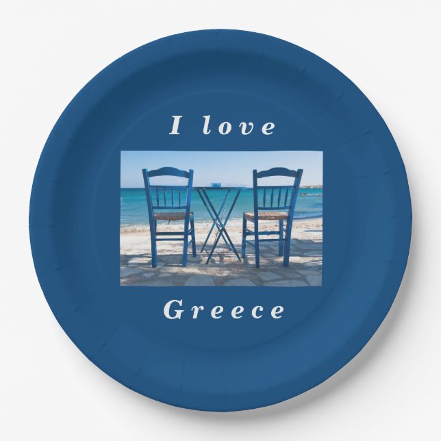 Assiettes En Carton J'aime Grèce taverna photo bleu et blanc (Devant)