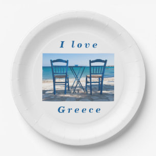 Assiettes En Carton J'aime Grèce taverna photo bleu et blanc