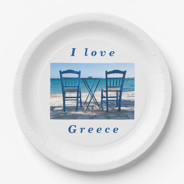 Assiettes En Carton J'aime Grèce taverna photo bleu et blanc (Devant)