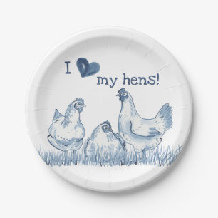 Assiettes En Carton J'Aime Mes Poules Bleu Poulet Peinture Rustique De