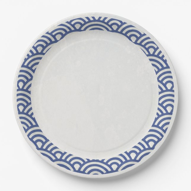 Assiettes En Carton Japonaise Seigaiha Vagues Élégante Bleu foncé + Bl (Devant)