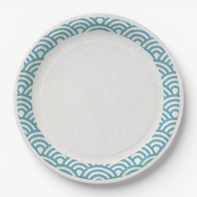 Assiettes En Carton Japonaise Seigaiha Vagues Elégante Mer Bleu Vert (Devant)