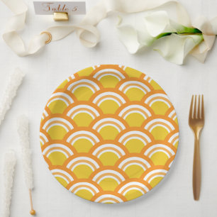 Assiettes En Carton Japonaise Vague Seigaiha Jaune Orange Motif
