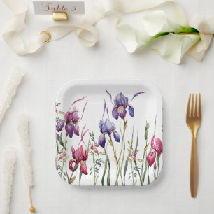 Assiettes En Carton Jardin Aquarellé bleu violet rose Iris
