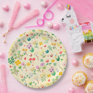 Assiettes En Carton Jardin d'amour Fleurs de printemps et coeurs Fête